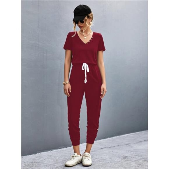 Casual V-Neck Short Sleeve Drawstring Waist Jumpsuit - Picture 7 of 7